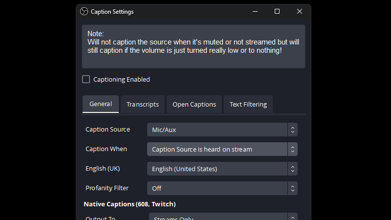 Caption When Caption Source is heard on stream Closed Captions in OBS for Twitch