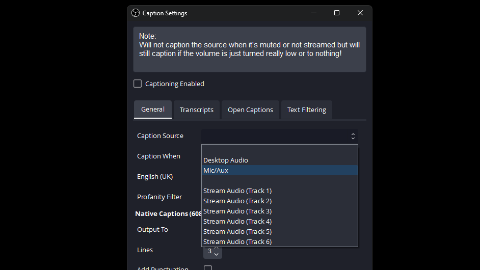 Select your microphone from the Caption Source dropdown Adding Closed Captions in OBS